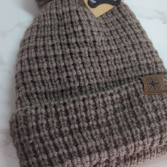 Women's Brown Knit Pom-Pom Beanie - Picture 2 of 3